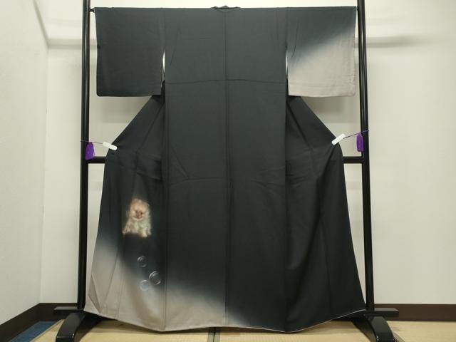 平和屋着物●訪問着　手描き　犬　ポメラニアン　暈し染め　黒地　正絹　逸品　CABI0431gh