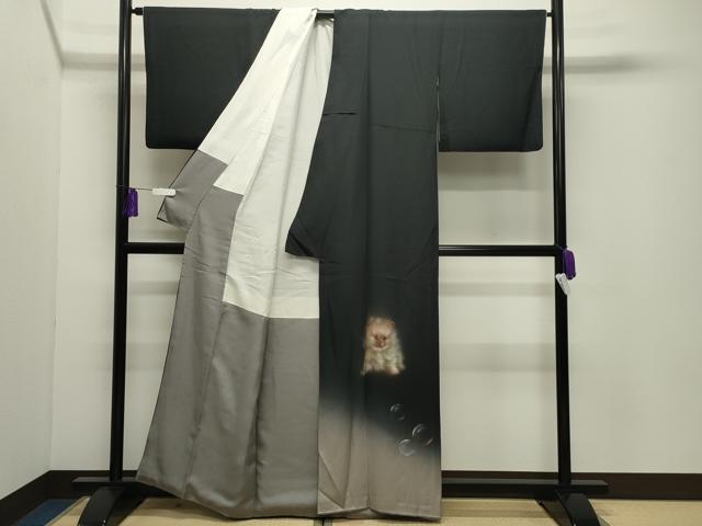 平和屋着物●訪問着　手描き　犬　ポメラニアン　暈し染め　黒地　正絹　逸品　CABI0431gh