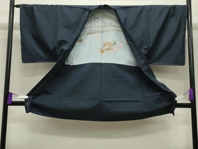 平和屋着物●男性　本場真綿絢結城紬・髭紬羽織セット　色無地　鉄紺色　証紙付き　正絹　逸品　未使用　CABI0441gh