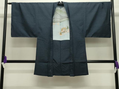 平和屋着物●男性　本場真綿絢結城紬・髭紬羽織セット　色無地　鉄紺色　証紙付き　正絹　逸品　未使用　CABI0441gh