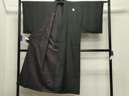 平和屋着物●男性　黒紋付　羽織セット　羽裏：冊子鼓吉祥文　正絹　逸品　CABI0442gh