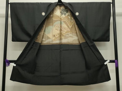 平和屋着物●男性　黒紋付　羽織セット　羽裏：冊子鼓吉祥文　正絹　逸品　CABI0442gh