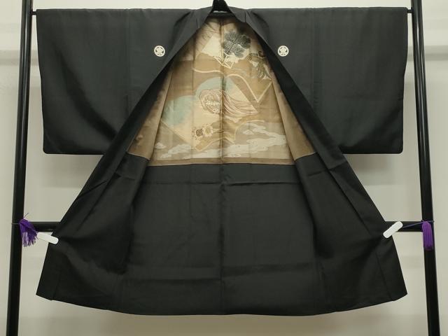 平和屋着物●男性　黒紋付　羽織セット　羽裏：冊子鼓吉祥文　正絹　逸品　CABI0442gh