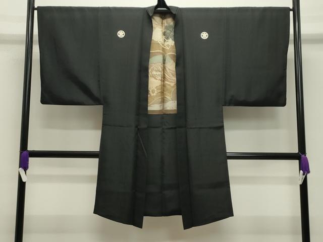 平和屋着物●男性　黒紋付　羽織セット　羽裏：冊子鼓吉祥文　正絹　逸品　CABI0442gh
