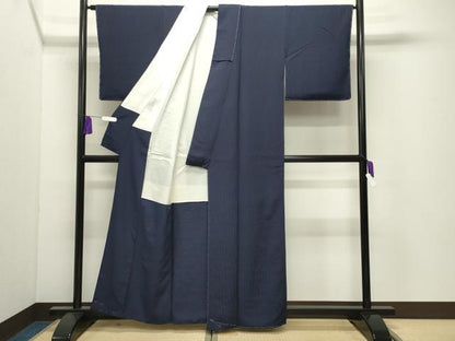 平和屋着物●上質な色無地　よろけ縞地紋　濃藍色　正絹　逸品　未使用　CABI0460gh