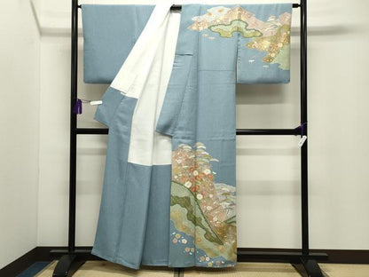 平和屋着物●京友禅の第一人者　松井青々　訪問着　駒刺繍　松竹梅花文　金彩　反端付き　正絹　逸品　CABI0463gh
