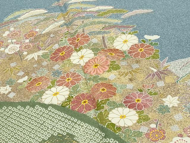 平和屋着物●京友禅の第一人者　松井青々　訪問着　駒刺繍　松竹梅花文　金彩　反端付き　正絹　逸品　CABI0463gh