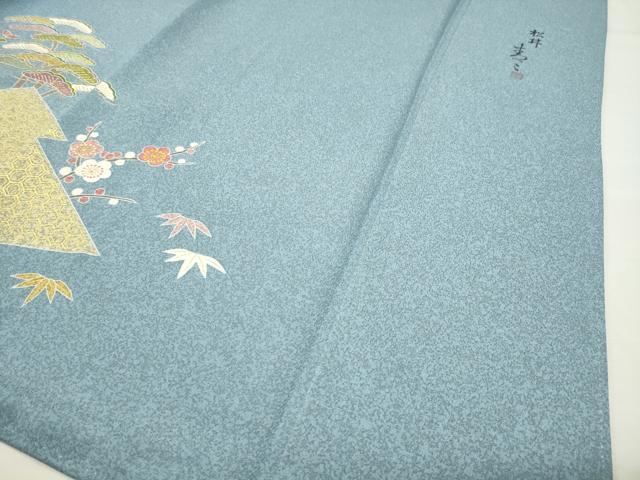 平和屋着物●京友禅の第一人者　松井青々　訪問着　駒刺繍　松竹梅花文　金彩　反端付き　正絹　逸品　CABI0463gh