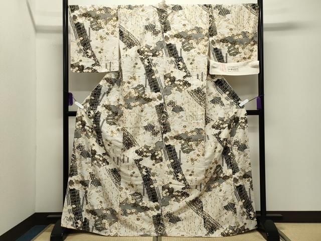 平和屋着物●上質な小紋　水車　渡橋花文　金彩　反端付き　ロング丈　正絹　逸品　CABI0464gh