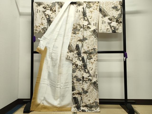 平和屋着物●上質な小紋　水車　渡橋花文　金彩　反端付き　ロング丈　正絹　逸品　CABI0464gh