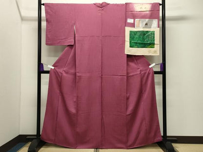 平和屋着物●上質な色無地　本草木杉染　堅牢染　縞地紋　浅蘇芳色　証紙付き　正絹　逸品　CABI0469gh
