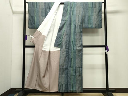 平和屋着物●上質な紬　杢目絞り　幾何学文様　正絹　逸品　CABI0495gh