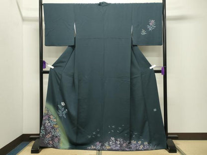 平和屋着物●訪問着　作家物　手描き　刺繍　草花文　暈し染め　金彩　ロング丈　正絹　逸品　CABI0503gh