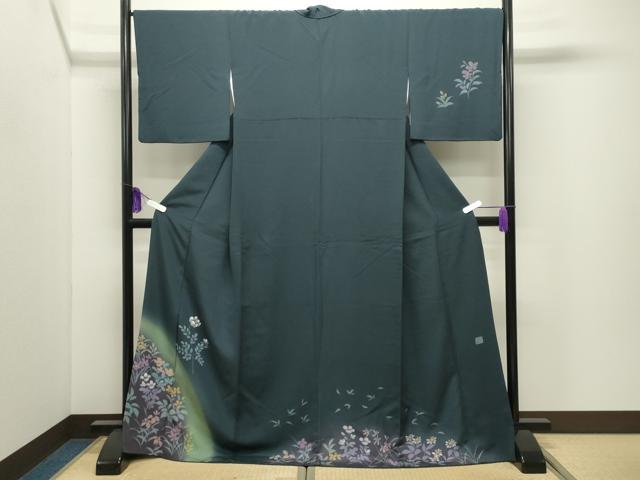 平和屋着物●訪問着　作家物　手描き　刺繍　草花文　暈し染め　金彩　ロング丈　正絹　逸品　CABI0503gh