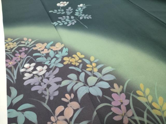 平和屋着物●訪問着　作家物　手描き　刺繍　草花文　暈し染め　金彩　ロング丈　正絹　逸品　CABI0503gh