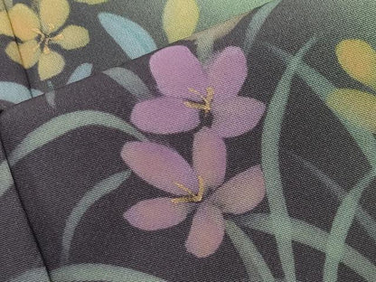 平和屋着物●訪問着　作家物　手描き　刺繍　草花文　暈し染め　金彩　ロング丈　正絹　逸品　CABI0503gh