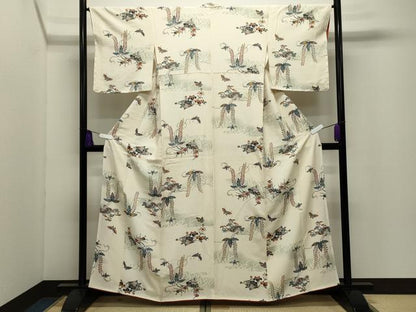 平和屋着物●上質な小紋　型染め　扇面舞蝶花文　正絹　逸品　CABI0504gh