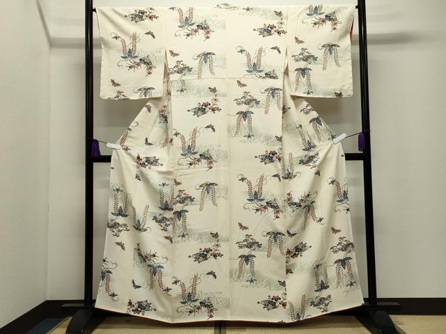 平和屋着物●上質な小紋　型染め　扇面舞蝶花文　正絹　逸品　CABI0504gh