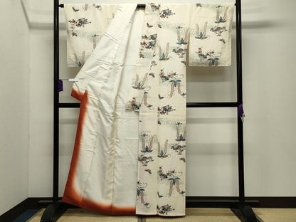 平和屋着物●上質な小紋　型染め　扇面舞蝶花文　正絹　逸品　CABI0504gh
