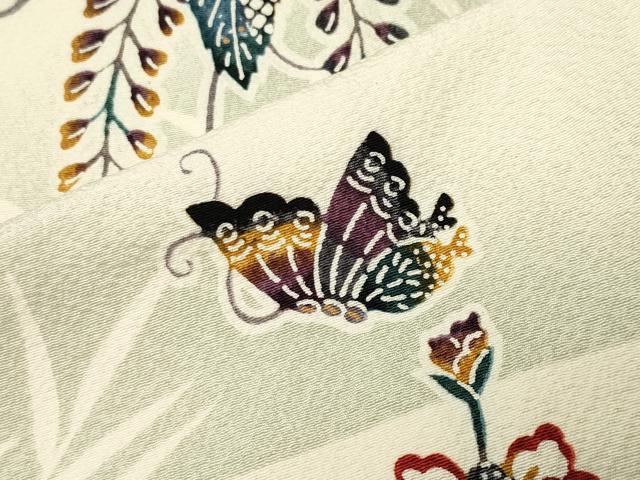 平和屋着物●上質な小紋　型染め　扇面舞蝶花文　正絹　逸品　CABI0504gh