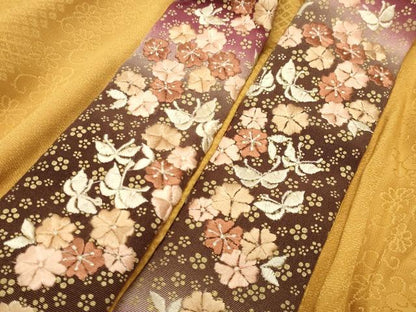 平和屋着物●長襦袢　無双仕立て　色無地　舞花地紋　黄朽葉色　やまと誂製　半衿刺繍　正絹　逸品　CABI0536gh
