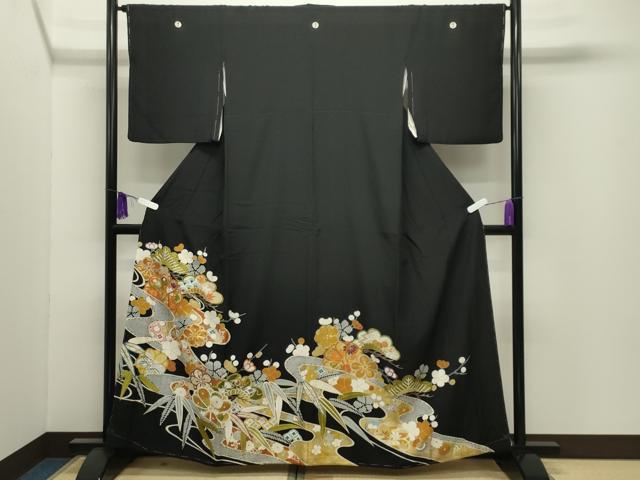 平和屋着物●創業460年・千總　黒留袖　駒刺繍　流水松竹梅文　金彩　正絹　逸品　未使用　CABI0544gh