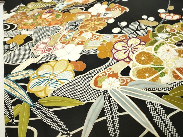 平和屋着物●創業460年・千總　黒留袖　駒刺繍　流水松竹梅文　金彩　正絹　逸品　未使用　CABI0544gh