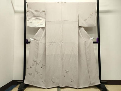 平和屋着物●訪問着　手描き　草花文　鬼しぼ縮緬　反端付き　正絹　逸品　CABI0547gh