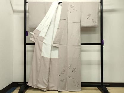 平和屋着物●訪問着　手描き　草花文　鬼しぼ縮緬　反端付き　正絹　逸品　CABI0547gh