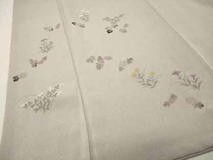 平和屋着物●訪問着　手描き　草花文　鬼しぼ縮緬　反端付き　正絹　逸品　CABI0547gh