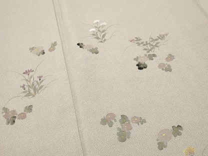 平和屋着物●訪問着　手描き　草花文　鬼しぼ縮緬　反端付き　正絹　逸品　CABI0547gh