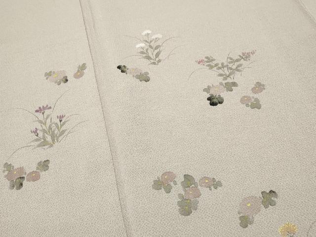 平和屋着物●訪問着　手描き　草花文　鬼しぼ縮緬　反端付き　正絹　逸品　CABI0547gh