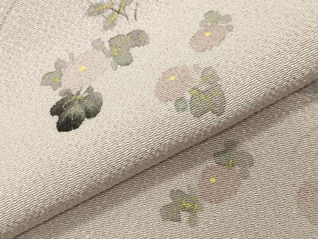 平和屋着物●訪問着　手描き　草花文　鬼しぼ縮緬　反端付き　正絹　逸品　CABI0547gh