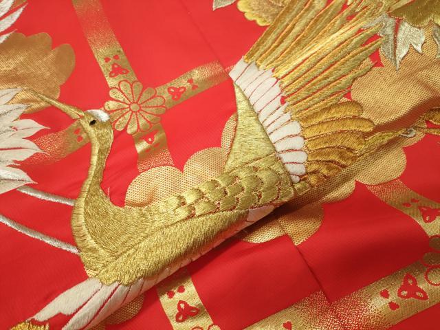平和屋本店●色打掛　お引きずり　和装　婚礼　結婚式　花嫁　神社挙式　駒刺繍　御所車飛鶴花文　金銀糸　逸品　CABI0561gh