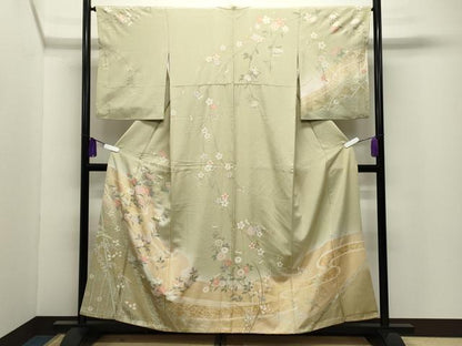 平和屋着物●訪問着　流水草花文　暈し染め　金彩　正絹　逸品　CABI0572gh