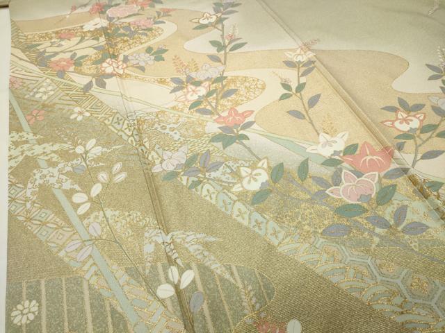 平和屋着物●訪問着　流水草花文　暈し染め　金彩　正絹　逸品　CABI0572gh