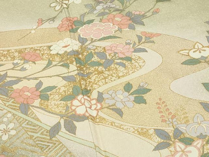 平和屋着物●訪問着　流水草花文　暈し染め　金彩　正絹　逸品　CABI0572gh
