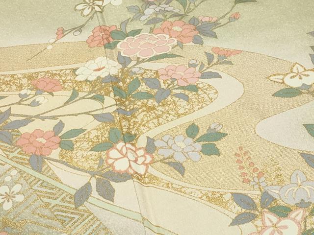 平和屋着物●訪問着　流水草花文　暈し染め　金彩　正絹　逸品　CABI0572gh