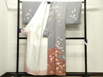 平和屋着物●訪問着　枝梅文　金彩　銀通し地　正絹　逸品　CABI0583gh