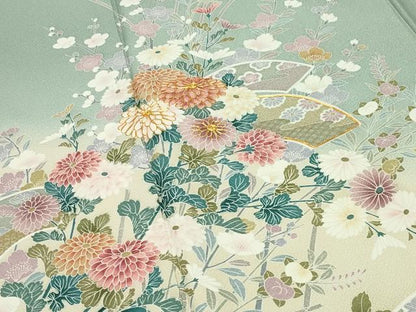 平和屋着物●訪問着　駒刺繍　地紙重ね花文　暈し染め　金彩　上代35万　ロング丈　正絹　逸品　未使用　CABI0590gh