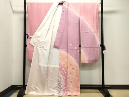 平和屋着物●豪華振袖　駒刺繍　舞桜文　暈し染め　金彩　正絹　逸品　CABI0596gh