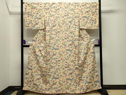 平和屋着物●上質な小紋　型染め　扇面花鳥文　正絹　逸品　CABI0601gh