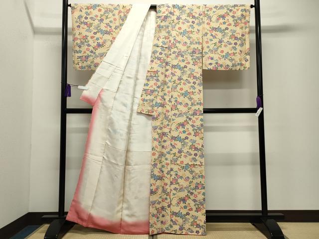 平和屋着物●上質な小紋　型染め　扇面花鳥文　正絹　逸品　CABI0601gh