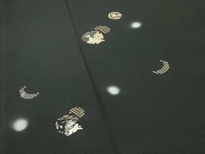 平和屋着物●訪問着　刺繍　跳兎雪輪花文　蛍暈し　黒地　金銀糸　ロング丈　正絹　逸品　CABI0609gh