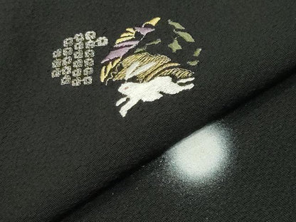平和屋着物●訪問着　刺繍　跳兎雪輪花文　蛍暈し　黒地　金銀糸　ロング丈　正絹　逸品　CABI0609gh