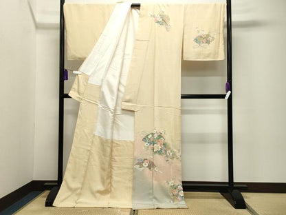平和屋着物●訪問着　駒刺繍　流水地紙花文　暈し染め　金彩　ロング丈　正絹　逸品　CABI0627gh