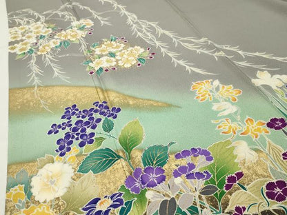 平和屋着物●訪問着　駒刺繍　草花文　暈し染め　金彩　正絹　逸品　CABI0630gh