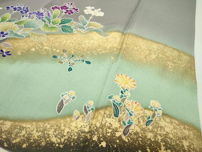 平和屋着物●訪問着　駒刺繍　草花文　暈し染め　金彩　正絹　逸品　CABI0630gh