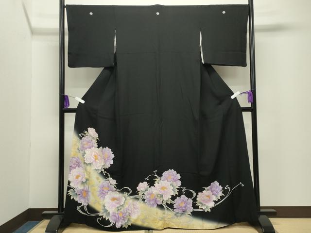 平和屋着物●豪華黒留袖　牡丹花唐草文　暈し染め　金銀彩　正絹　逸品　CABI0633gh