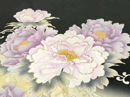 平和屋着物●豪華黒留袖　牡丹花唐草文　暈し染め　金銀彩　正絹　逸品　CABI0633gh